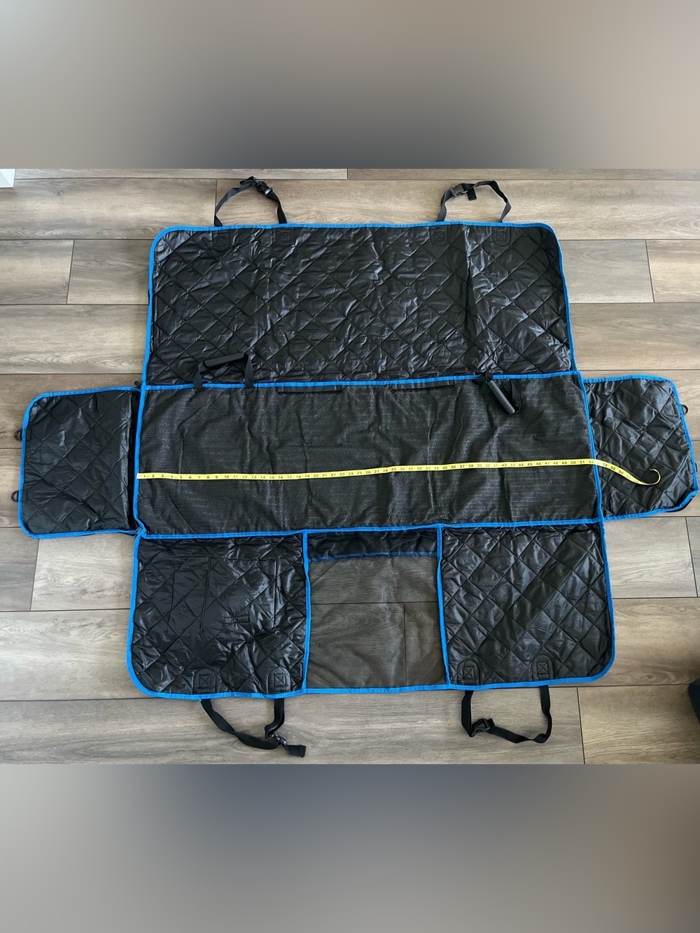 Black Quilted Car Seat Back Protector with Blue Trim-Pre-owned